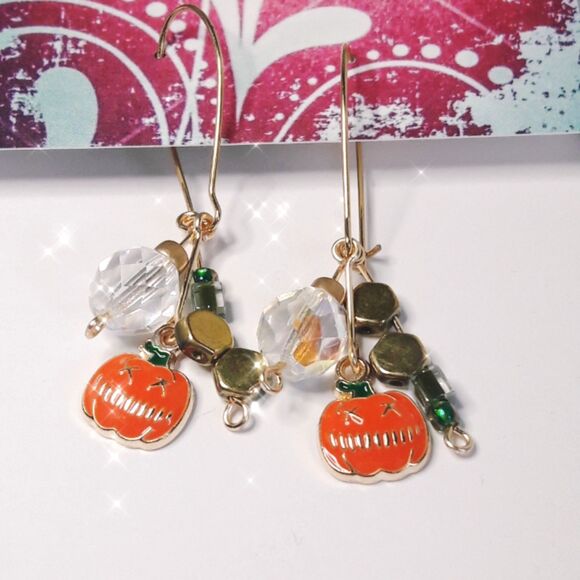 Artisan Earrings 01p# Pumpkin earrings Czech glass fringe earrings Orange dangle - Picture 5 of 6